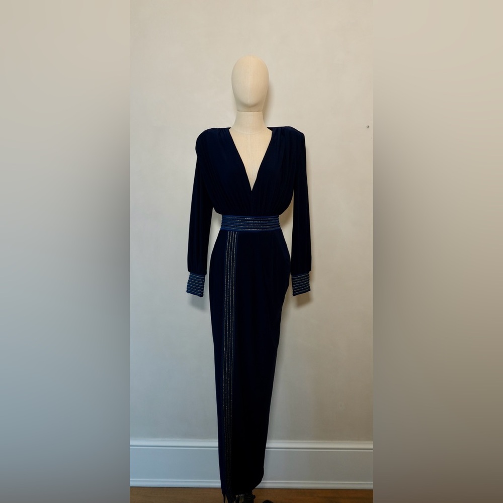 Zhivago Midnight Blue Long Sleeve, V-Neck Gown with gold detailing